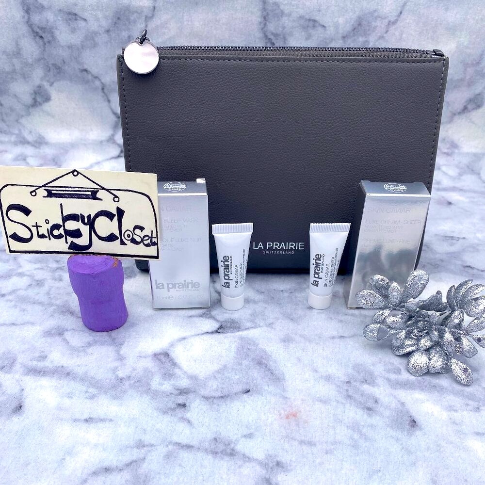 La Prairie Caviar Skincare Gift Set-Grey Pouch,Caviar Cream & Sleep Mask-3pc-NEW